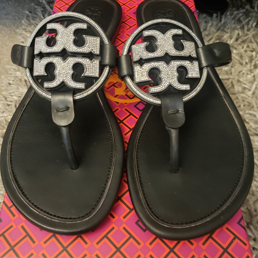 Tory Burch Metal Miller Black and Silver Sandals